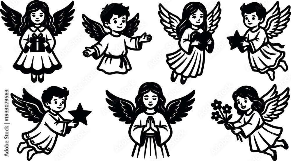 Obraz premium Vector line art cute angel icon set eight cherub figures holding gifts stars flowers and praying in black silhouette style