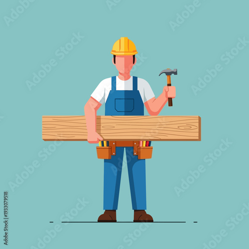 Carpenter holding wood plank and hammer, wearing blue overalls and yellow hard hat