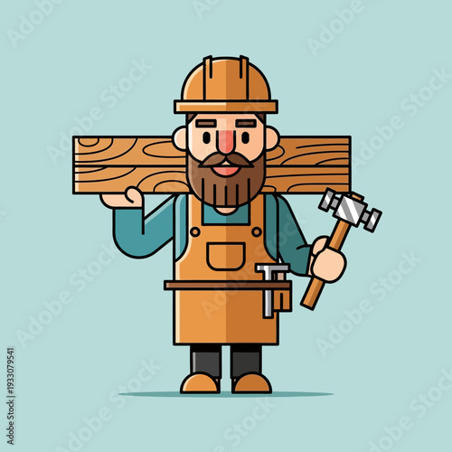 Cartoon Carpenter Carrying Wood Planks and Hammer, Construction Worker Character