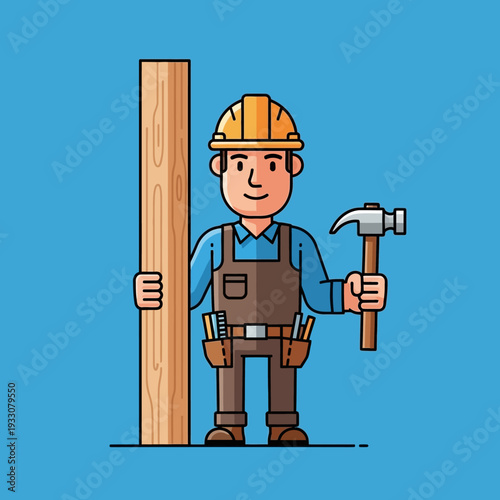 Carpenter holding wood plank and hammer, construction worker, DIY, building, renovation, tools