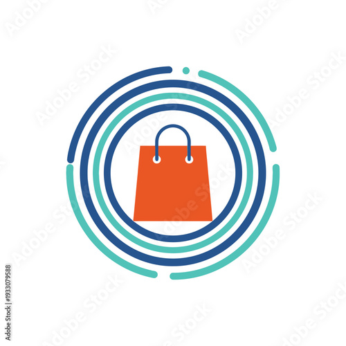 Shopping Bag Icon with Concentric Circles and Data Flow Lines