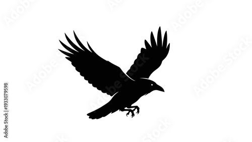 Silhouette of a black crow in flight against a white background, wings spread wide.