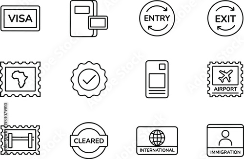 Travel and immigration process icons set flat design vector illustration with visa entry exit airport cleared international
