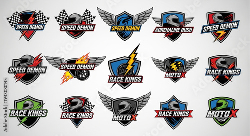 Collection of dynamic racing emblems and logos with wings and checkered flags.