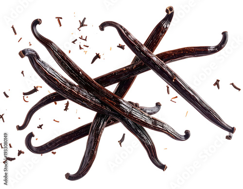 Dark, curved vanilla beans scattered across a white background