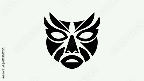 Tribal Mask Icon, Stylized Face, Ancient Symbol, Black and White