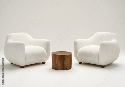 Photo of a stylish lounge area featuring minimalist white chairs and a wooden side table