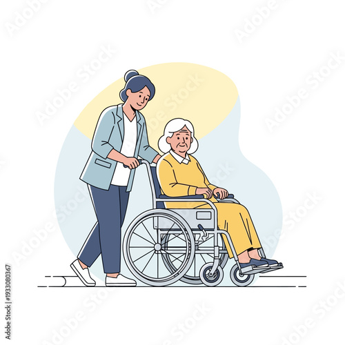 Caring caregiver pushing elderly woman in wheelchair outdoors, support and assistance