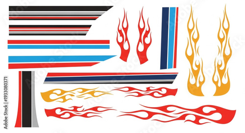 Various colorful flame and stripe car decals for customization and design.