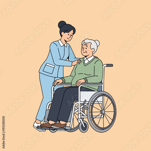 Caring nurse assisting elderly man in wheelchair, promoting independence and well-being