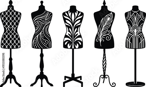 A striking set of decorative black dress forms adorned with elegant white patterns ideal for fashion and display