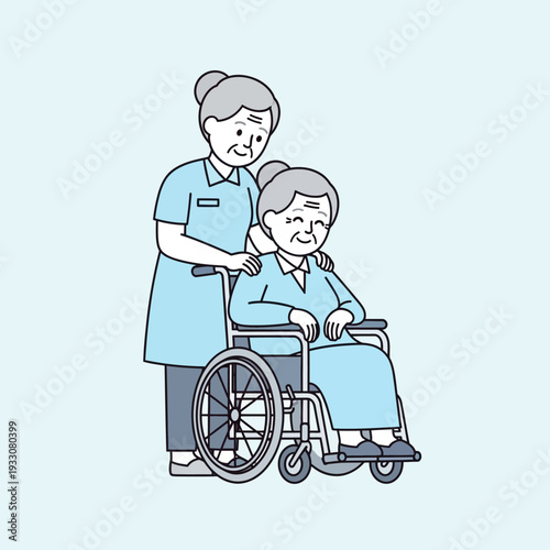 Caring nurse assisting elderly woman in wheelchair, providing support and comfort