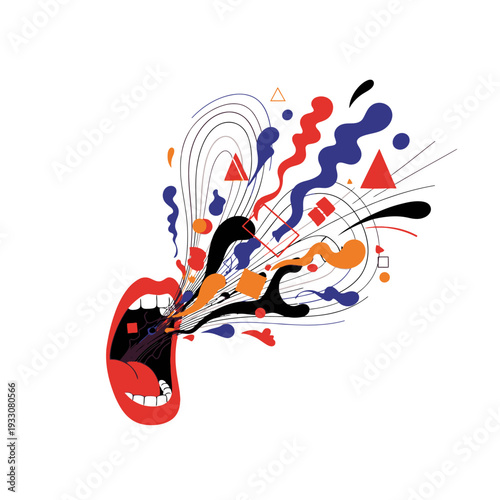 Abstract Mouth Speaking Sound Waves and Geometric Shapes Explosion
