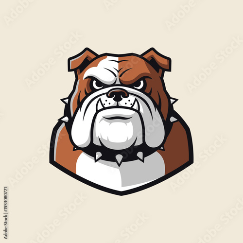 Angry Bulldog Mascot Head with Spiked Collar, Aggressive Dog Portrait