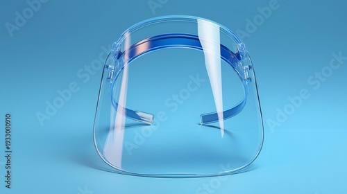 A clear face shield on a blue background, designed for protection in medical and industrial settings.