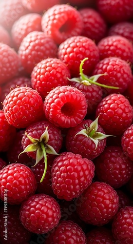 Fresh Raspberries Closeup with Green Stems.