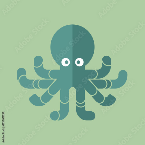 Cute Teal Octopus Character with Eight Arms and Big Eyes on a Light Green Background