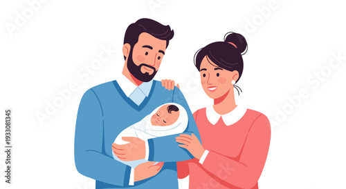 Vector illustration of a loving couple holding their newborn baby with warmth and care, representing family joy and new beginnings