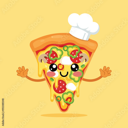 Cute Pizza Chef Character with Toppings, Smiling and Waving