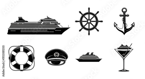 Cruise ship and nautical elements illustration, perfect for travel and adventure themes.