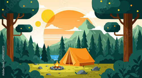 Serene Campsite Scene with a Tent and Bonfire Vector Illustration at Sunset Amidst Majestic Mountains and Lush Forest