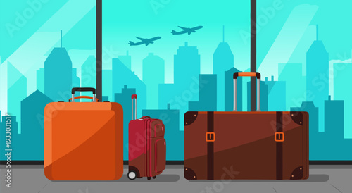 Vector illustration of suitcases and airplanes flying over a city skyline, representing travel and global connectivity