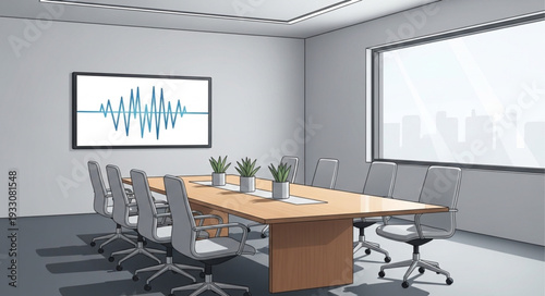 Modern conference room with a large table and chairs for meetings and presentations.