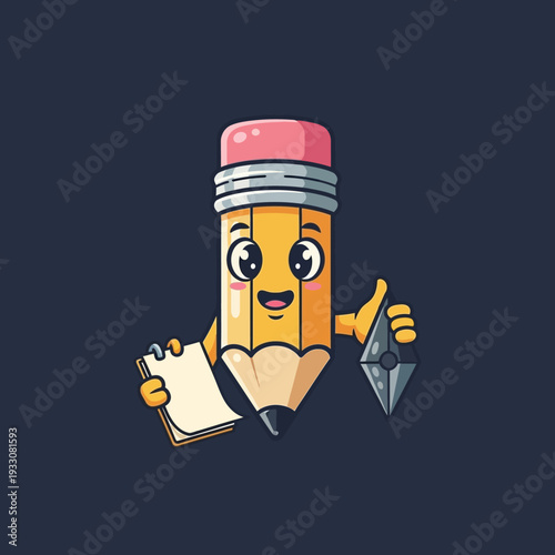 Cute Cartoon Pencil Character Holding Notepad and Ninja Star, Thumbs Up