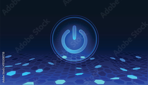 Translucent glowing button with on/off power switch symbol. Futuristic technology digital art for artificial intelligence and electric energy concepts. Electric blue accents, holographic glassmorphism