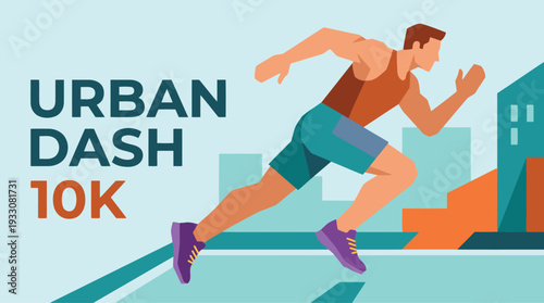 An active man sprints through the city during an exciting urban dash 10K marathon event