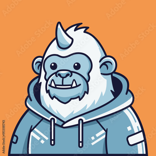 Cute Cartoon Yeti Ape with Horn Wearing Hoodie, Digital Art