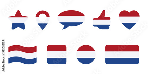 Icon set with star, heart, map, pin, speech bubble and thumb up of Netherlands flag color. Minimal symbol or sign isolated on white. Vector clipart for Netherlandish event or national holidays design.