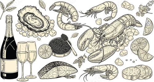 Vintage seafood and champagne set illustration. Hand drawn engraving style vector icons collection. Luxury food elements.