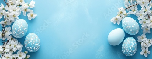 Wallpaper Mural lue easter eggs and white cherry blossoms on bright blue background. Happy Easter concept. Simple spring template, greeting card, banner. Torontodigital.ca