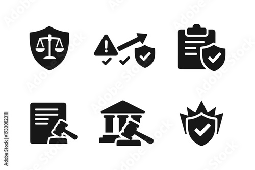 Law, justice, legal protection, compliance, shield, court, solid black icon set vector illustration