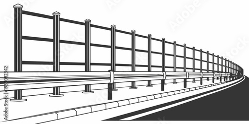 A long train traveling on a railway track with a fence on the side Vector