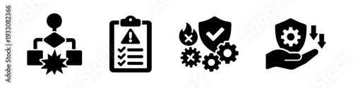 Risk management, safety, compliance, protection, process, solid black icon set vector illustration