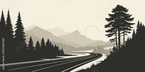 A serene train journey through a mountainous landscape with tall pine trees Vector