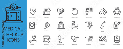 medical check up icons set outline and Flat Style,transparent background