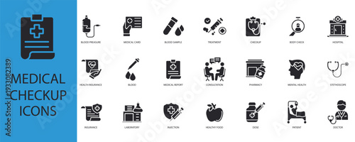 medical check up icons set outline and Flat Style,transparent background