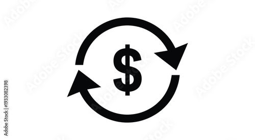 Circular arrows encircling a dollar sign financial flow silhouette, modern high contrast outline graphic, economic exchange and revenue cycle concept, simple black and white business icon suitable