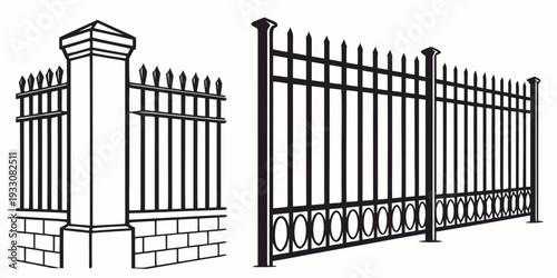 A tall black metal gate with intricate designs and a matching fence. Vector