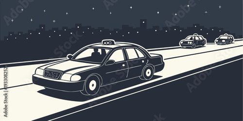 A fleet of futuristic police cars patrolling a dark, deserted highway at night. Vector