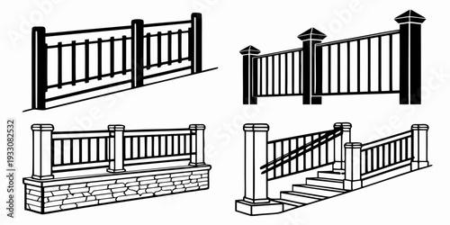 Four different types of fences with unique designs and structures Vector