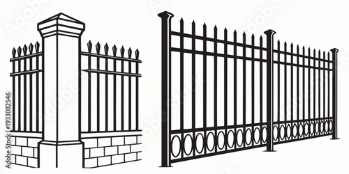 A black wrought iron fence with a decorative gate and pillars Vector