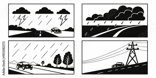 A series of four images depicting the formation and impact of a tornado. Vector