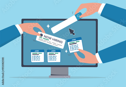 Job posting on recruitment website, employment or career opportunity online, HR or human resource offer help wanted or hiring position vacancy, HR hand posting job vacancy on online career we.