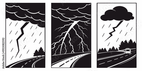 A dramatic depiction of a thunderstorm with lightning striking a landscape Vector