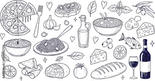 Italian food ingredients and dishes line art illustration set. Hand drawn sketch vector icons collection for menu design.