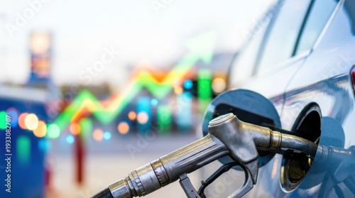 Fuel nozzle inserted into a car's gas tank at a station Rising graph overlay shows increasing fuel prices